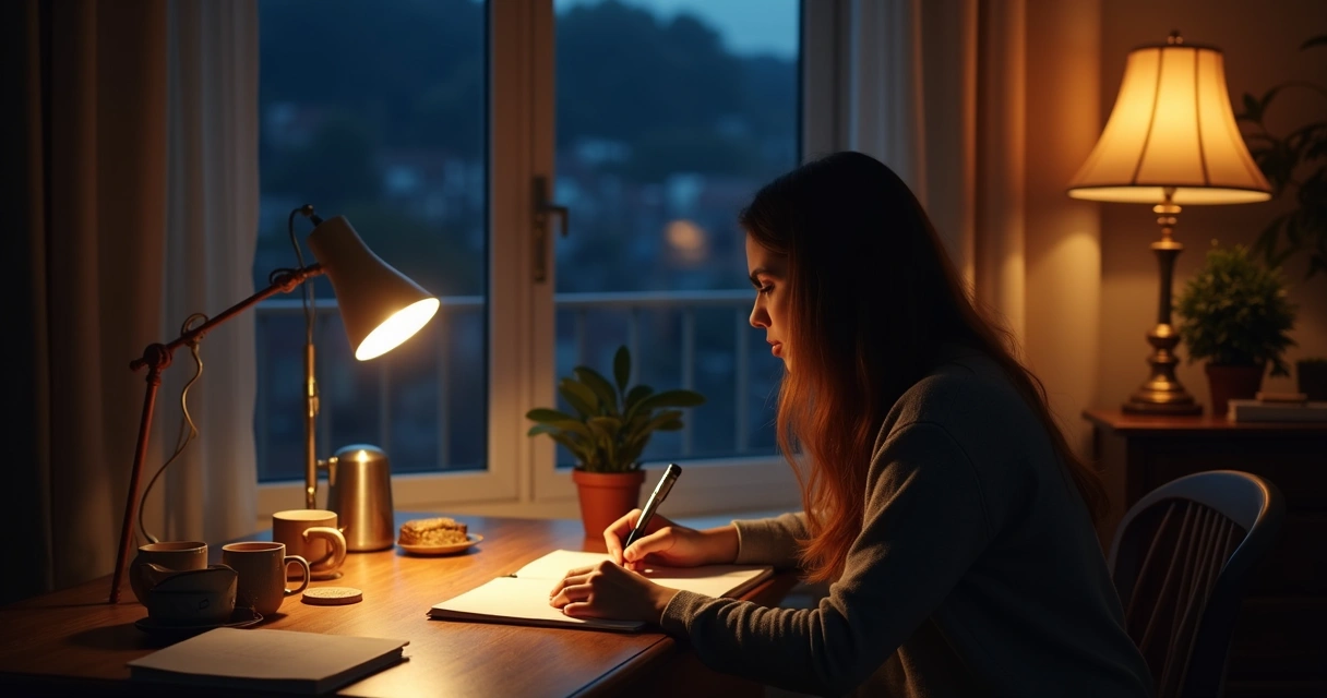 Pessoa escrevendo em diário à noite com luz suave. 
