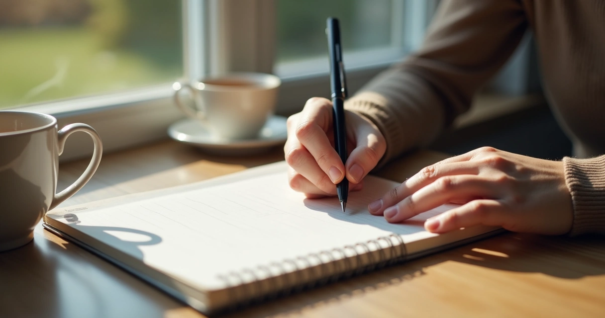 Pessoa escrevendo reflexões em caderno ao lado de uma janela 