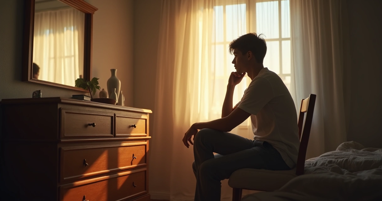 Pessoa sentada olhando para o espelho refletindo sobre sua vida 