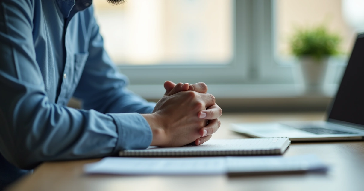 Pessoa refletindo antes de tomar decisão em ambiente de trabalho