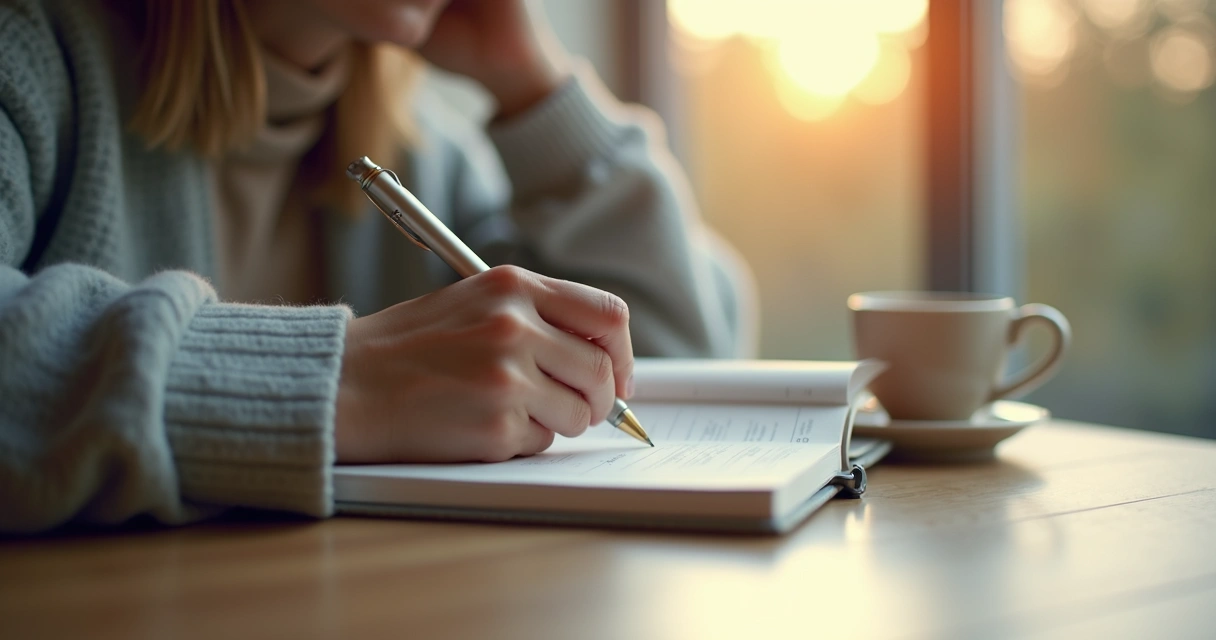 Pessoa escrevendo em caderno antes de tomar uma decisão