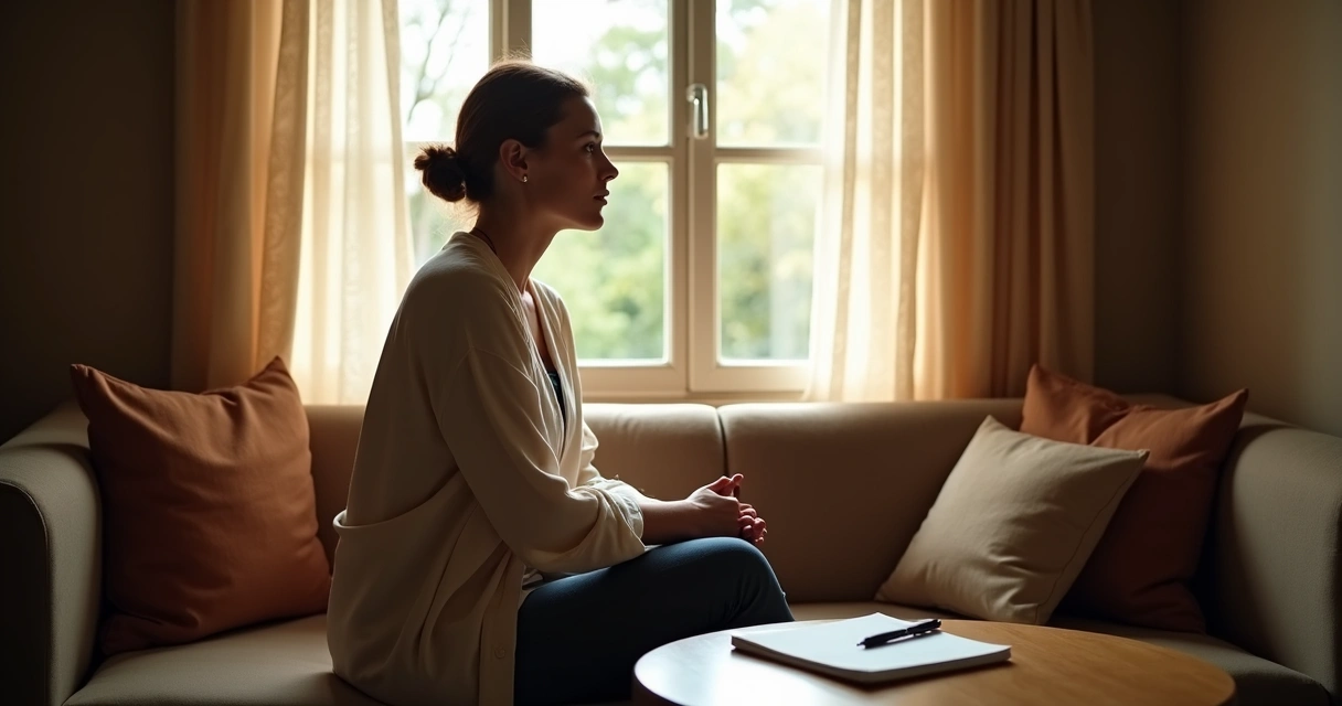 Mulher sentada em ambiente calmo olhando para janela pensativa 