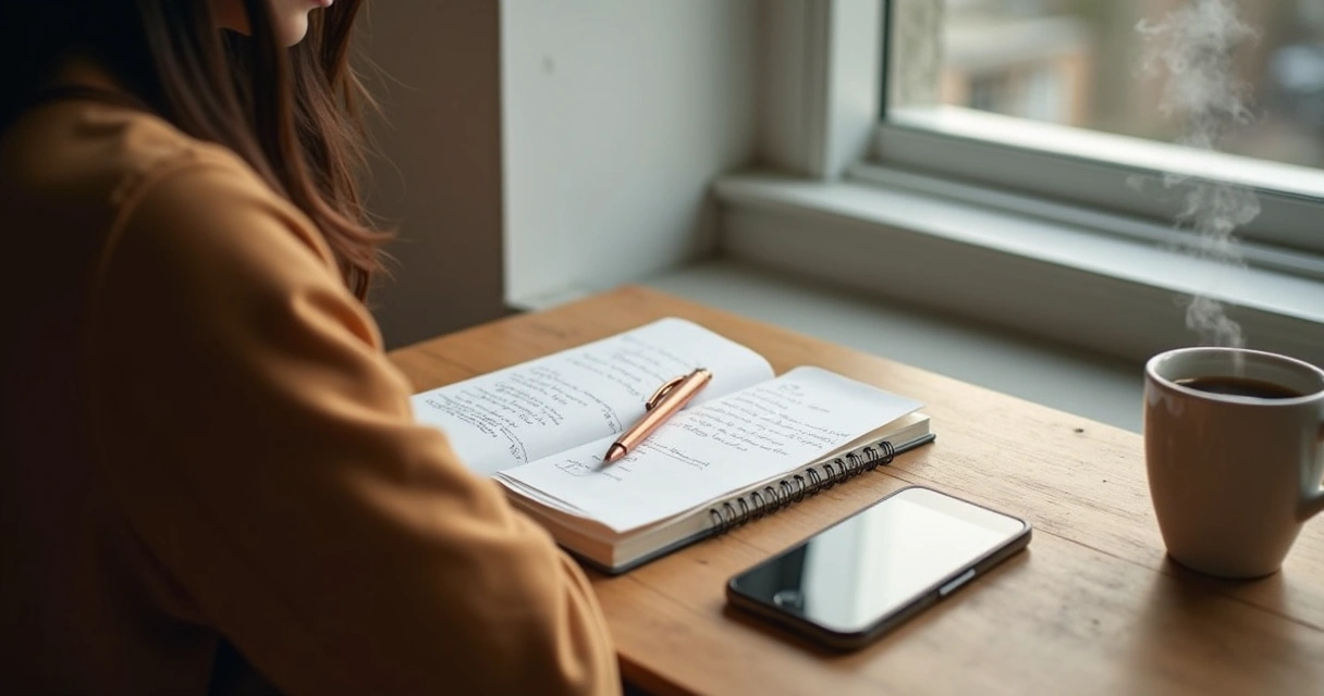 Pessoa refletindo sobre atitudes do dia a dia com caderno de perguntas 