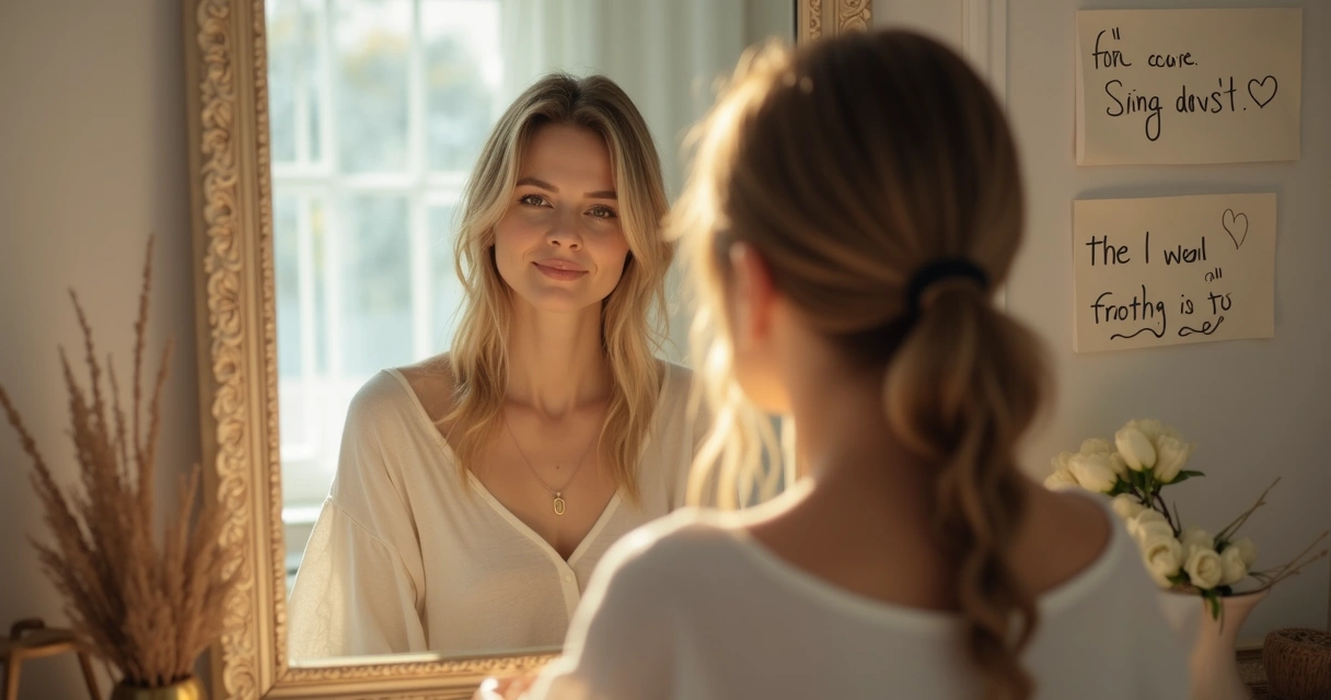 Pessoa refletindo diante do espelho em ambiente iluminado