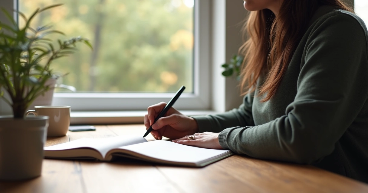 Pessoa sentada à mesa com caderno de anotações e expressão reflexiva