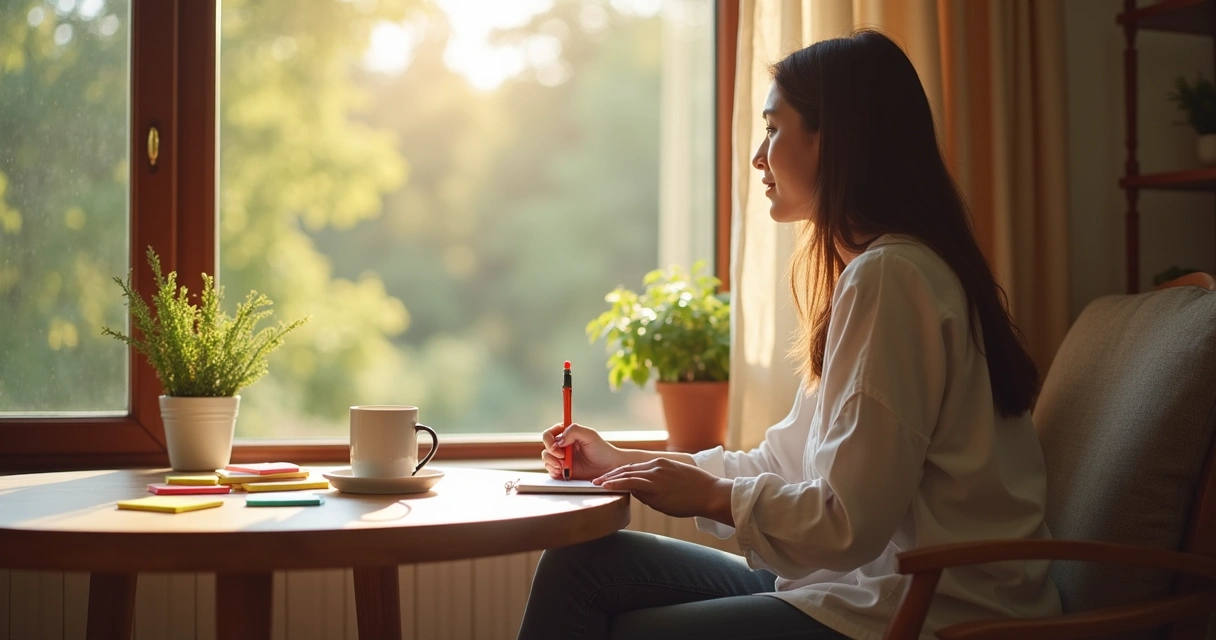 Pessoa sentada em posição de reflexão com caderno e caneta diante de uma janela aberta 