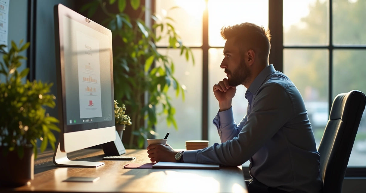 Profissional refletindo em frente ao computador, com bloco de anotações à mão 