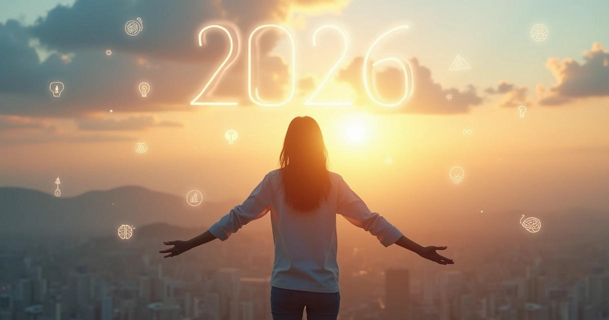 Pessoa refletindo diante de um horizonte luminoso com números de 2026 ao fundo 