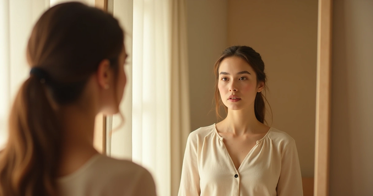 Mulher em frente ao espelho olhando para si mesma pensando profundamente 