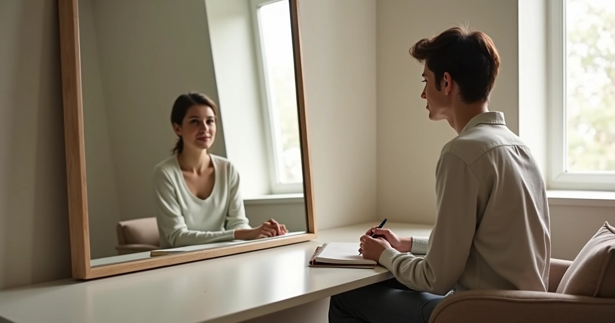 Pessoa olhando para a própria imagem em um espelho, representando reflexão interna 