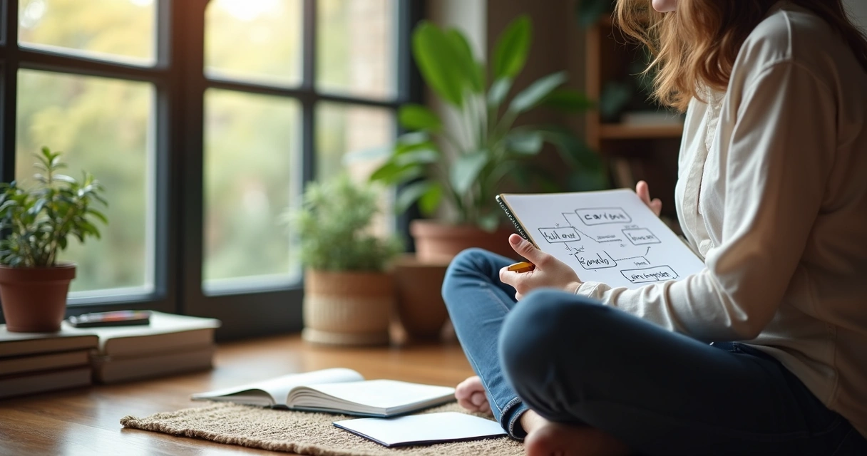 Pessoa refletindo sobre carreira com bloco de notas 