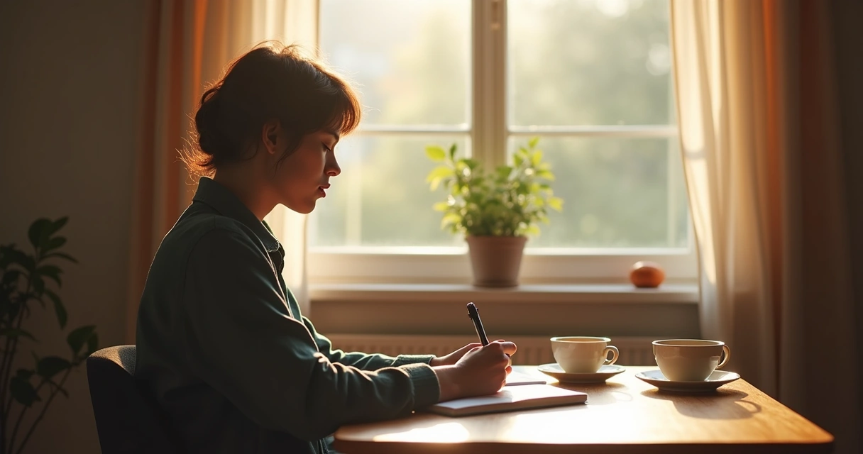 Pessoa sentada refletindo ao final do dia, diário aberto sobre a mesa 