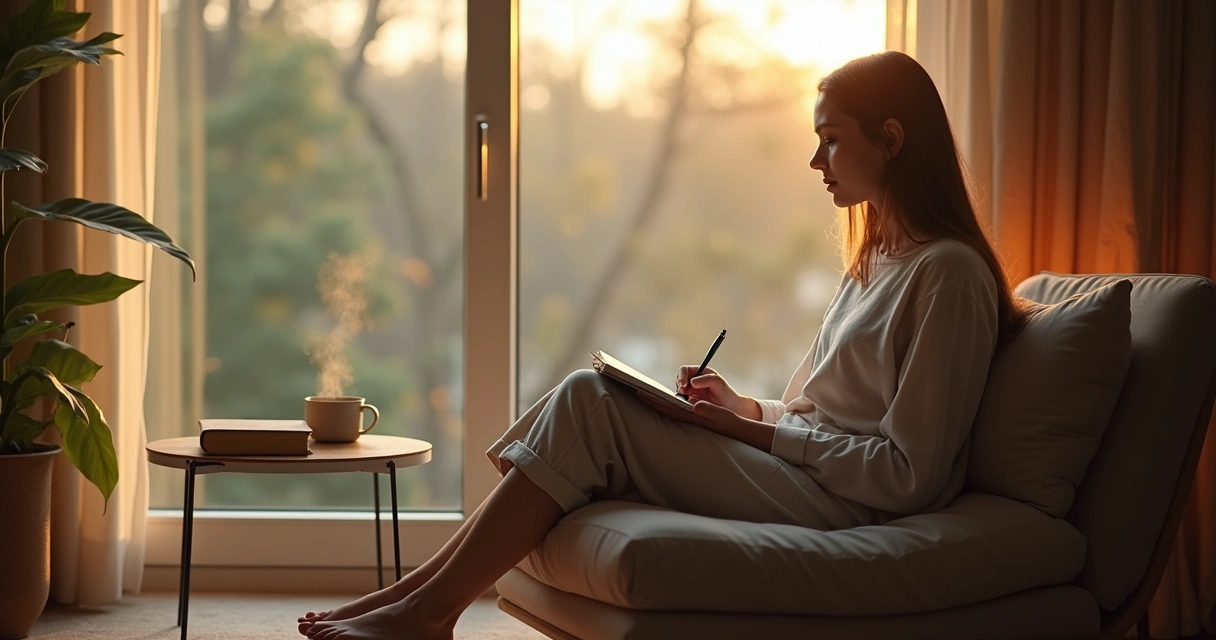 Pessoa sentada perto da janela refletindo em um caderno 