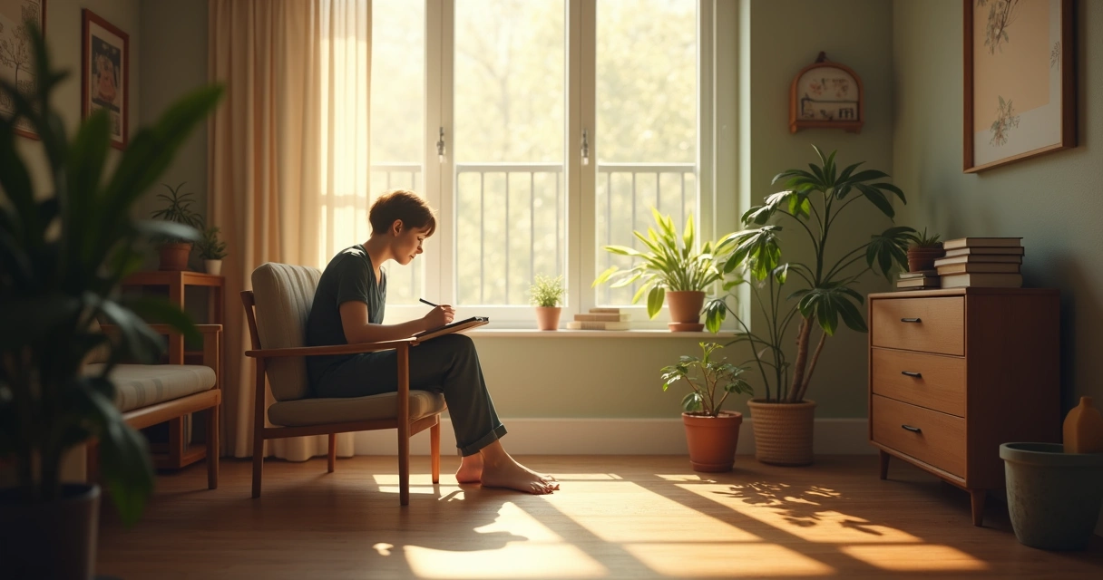 Pessoa sentada sozinha em uma sala com luz natural refletindo e fazendo anotações em um caderno 