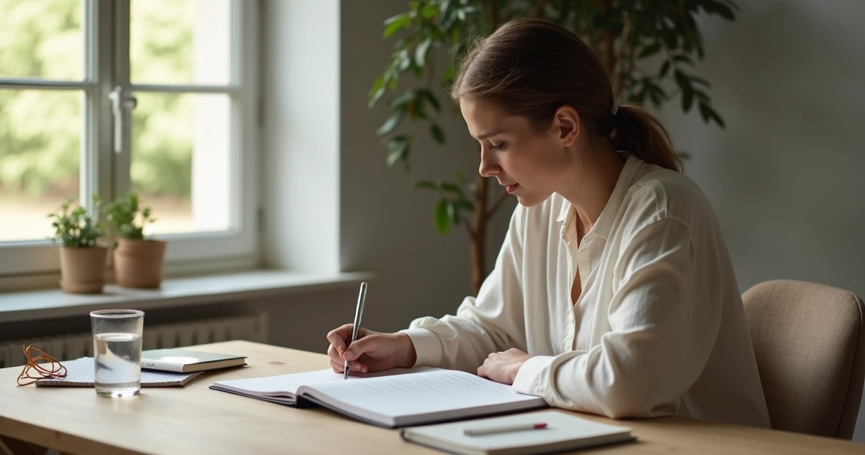 Pessoa escrevendo em caderno enquanto reflete diante de janela com luz suave 
