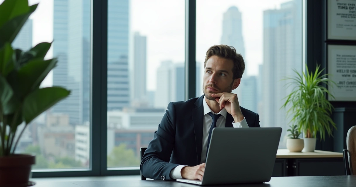 Profissional refletindo diante de janela em ambiente corporativo 