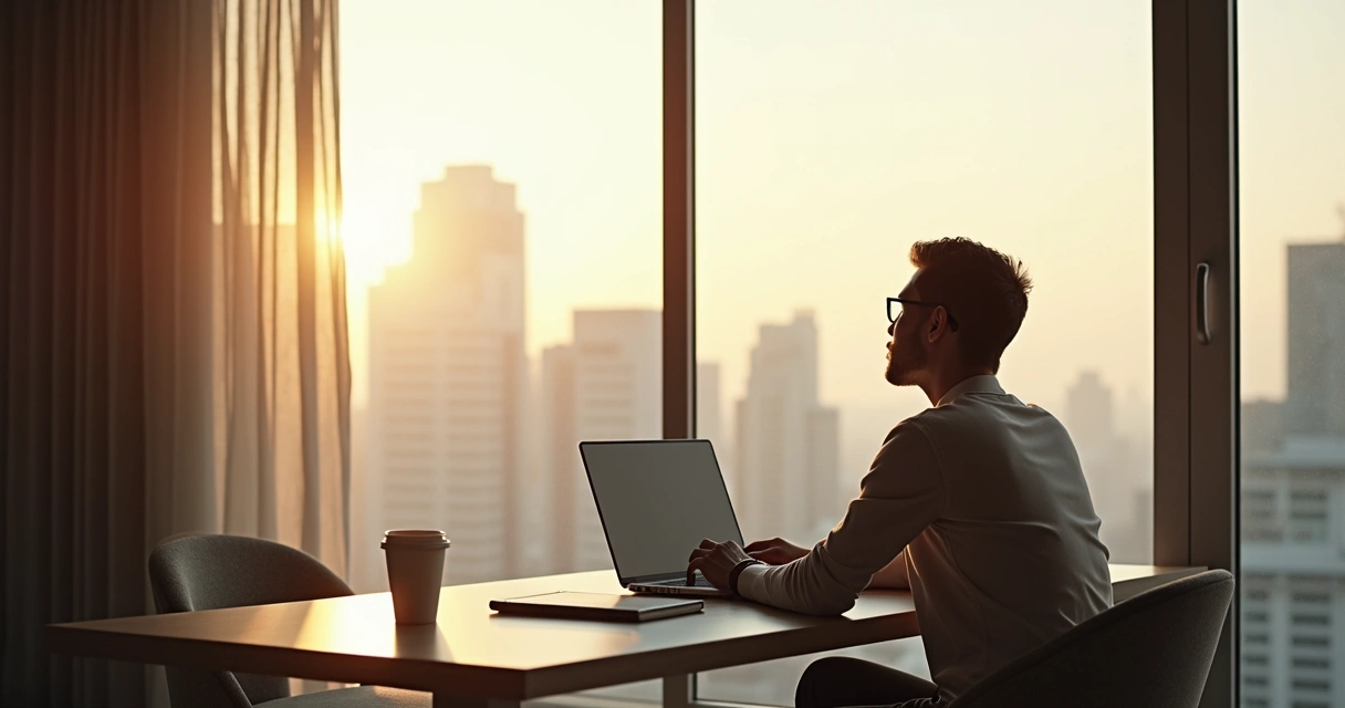 Profissional sentado em mesa olhando para uma janela durante o dia 