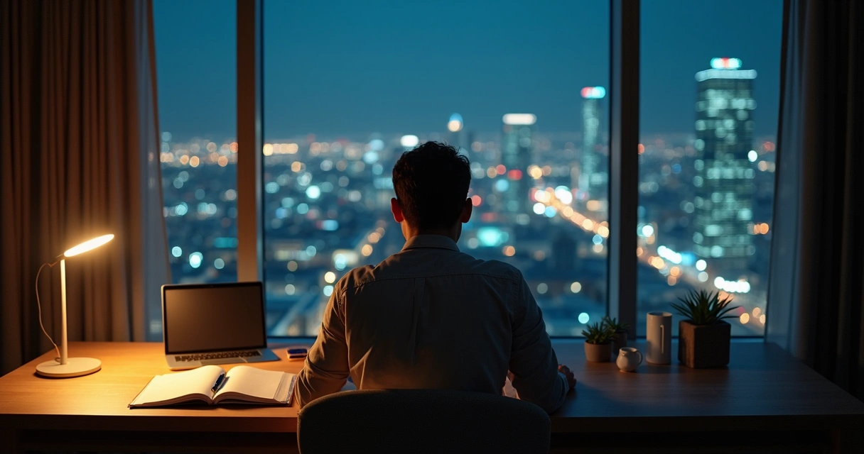 Pessoa refletindo diante de janela com vista urbana noturna e luzes conectadas 