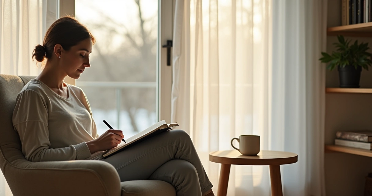 Pessoa sentada perto da janela escrevendo em diário de autoconsciência 