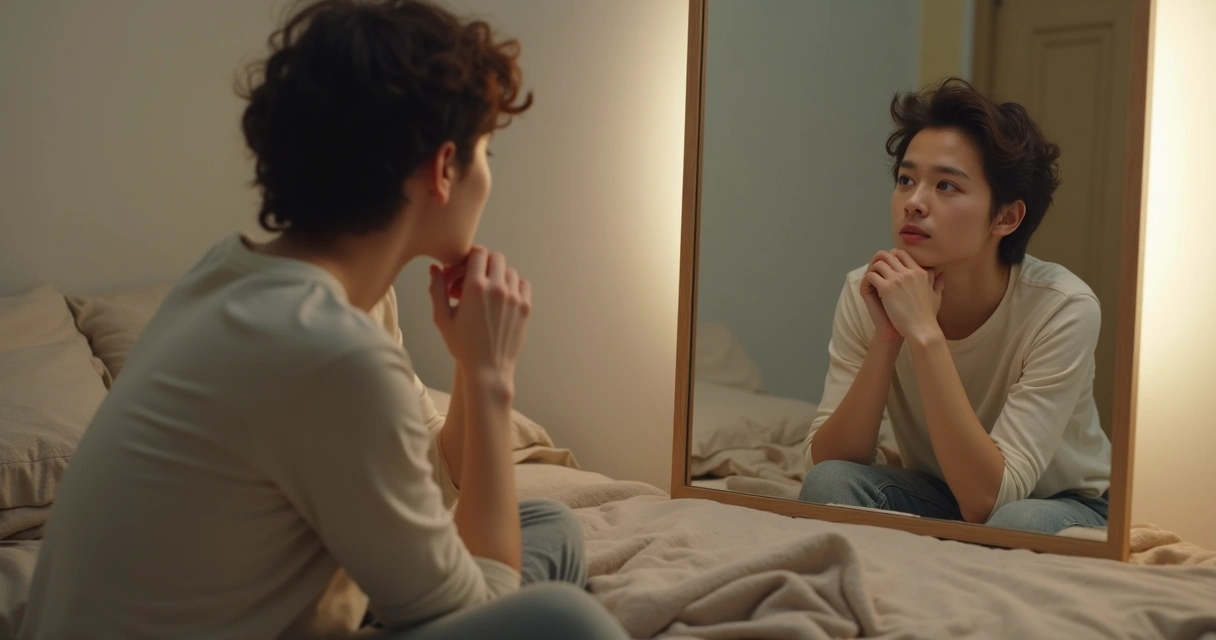 Pessoa olhando para o espelho, ambiente sereno, tons neutros e roupas casuais 