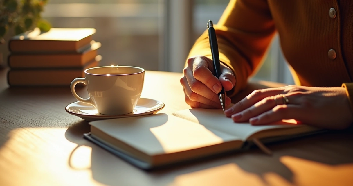 Pessoa escrevendo em um diário próximo a uma xícara de chá e livros, ambiente acolhedor 