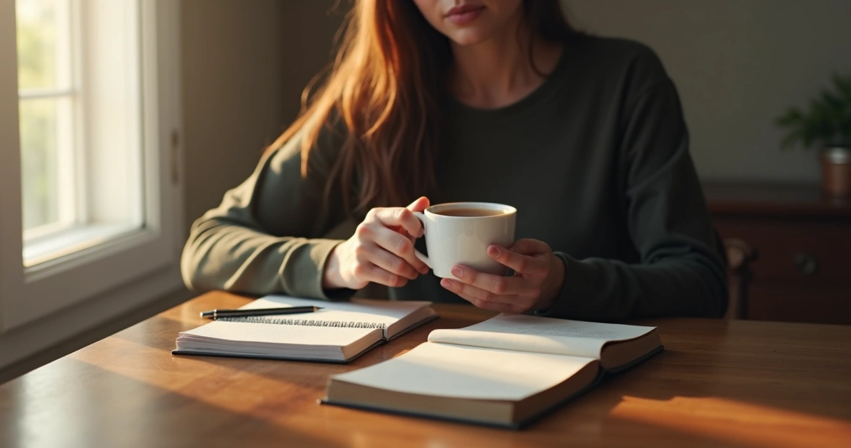 Pessoa sentada à mesa, refletindo segurando uma xícara de chá, caderno aberto à frente, luz suave entrando por uma janela 