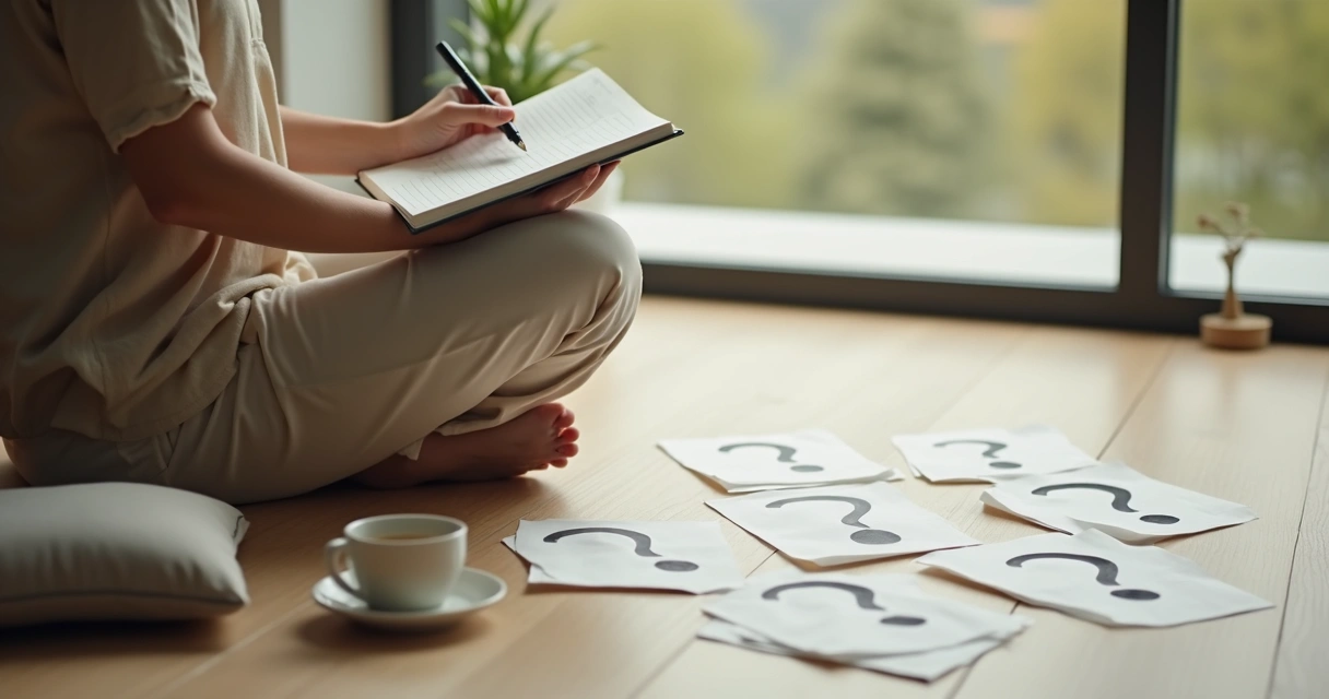 Pessoa refletindo sentada com caderno e perguntas em destaque 