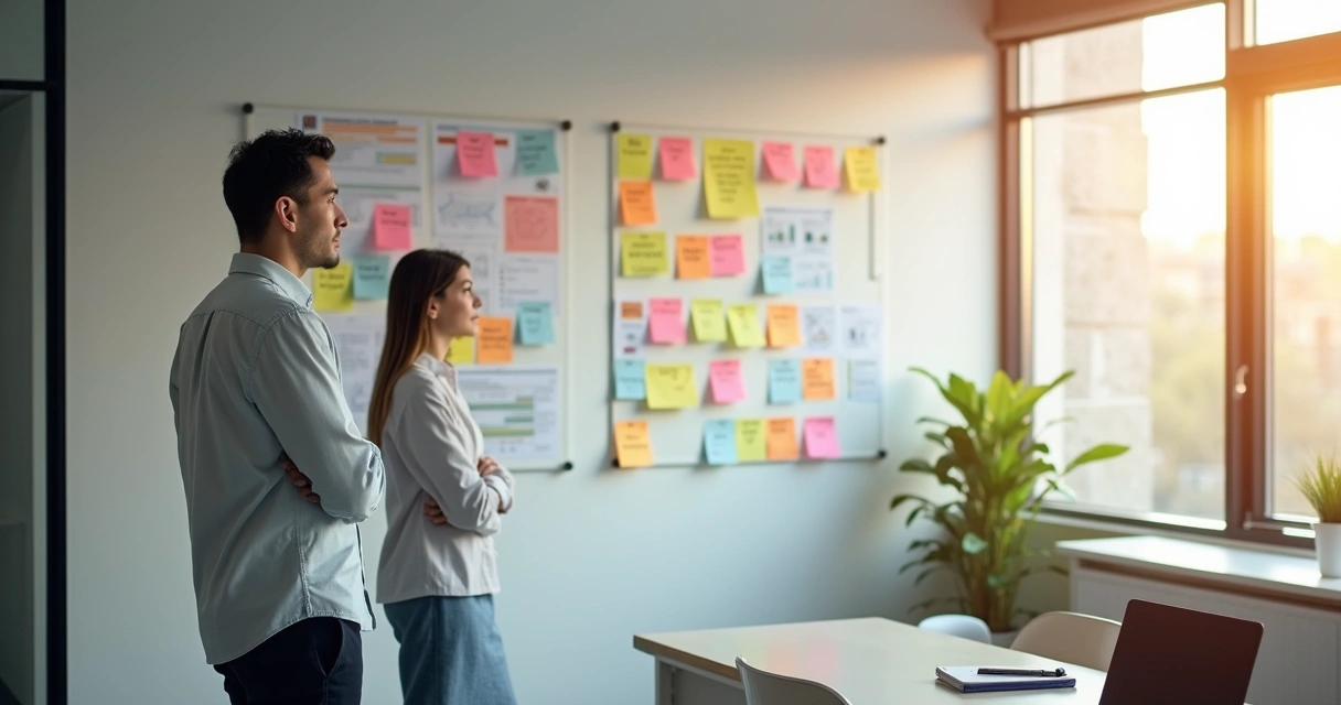 Profissional olhando para painel de post-its divididos entre ilusão e realidade 