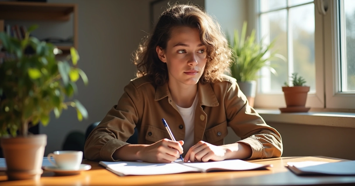 Pessoa pensativa sentada à mesa com papel e caneta, refletindo sobre escolhas diárias 