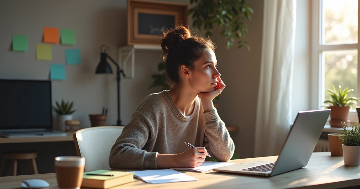 Pessoa sentada em frente ao notebook, refletindo com anotações ao lado