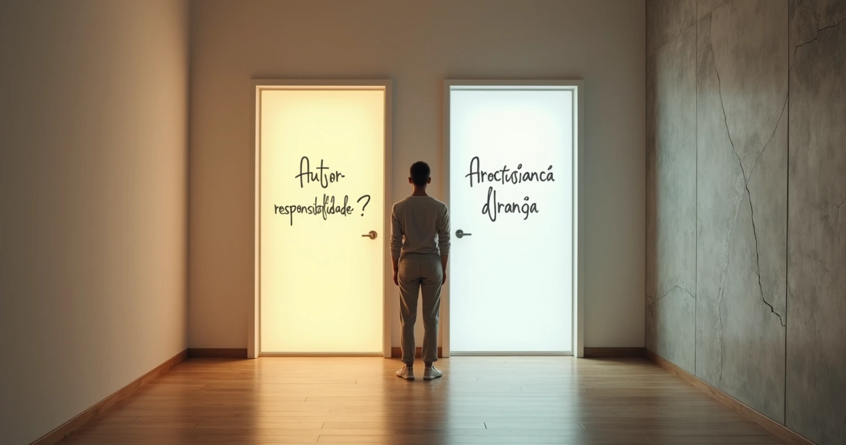 Pessoa em encruzilhada diante de duas portas representando autorresponsabilidade e autocobrança 