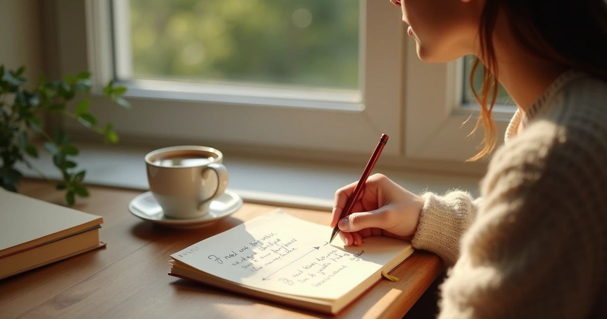 Pessoa escrevendo reflexões sobre crenças em um caderno