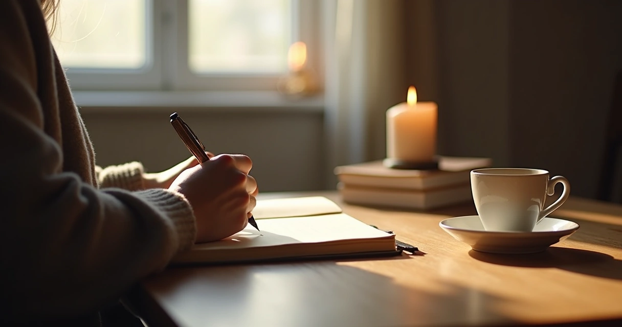 Pessoa escrevendo em caderno ao lado de vela e janela com luz suave 