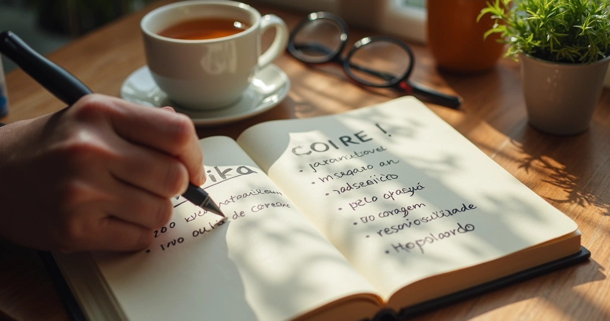 Caderno com lista de valores e mão escrevendo 