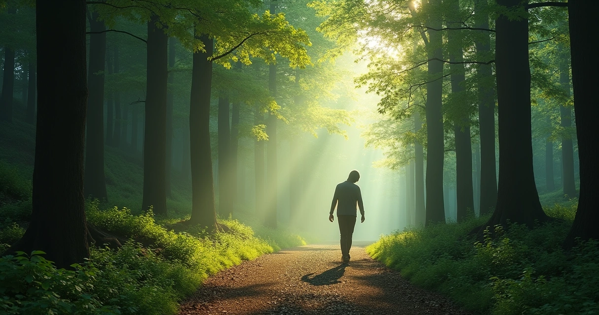 Pessoa caminhando por uma trilha em meio à natureza, refletindo sozinha, com árvores ao redor e luz suave 