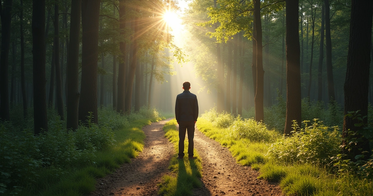 Pessoa refletindo diante de dois caminhos em uma trilha, luz suave, ambiente tranquilo