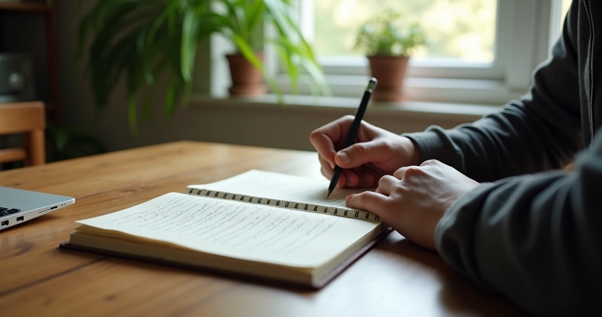 Pessoa sentada pensando diante de um caderno aberto com anotações, em ambiente tranquilo 