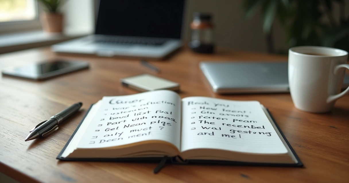 Caderno com anotações sobre carreira em mesa de trabalho 