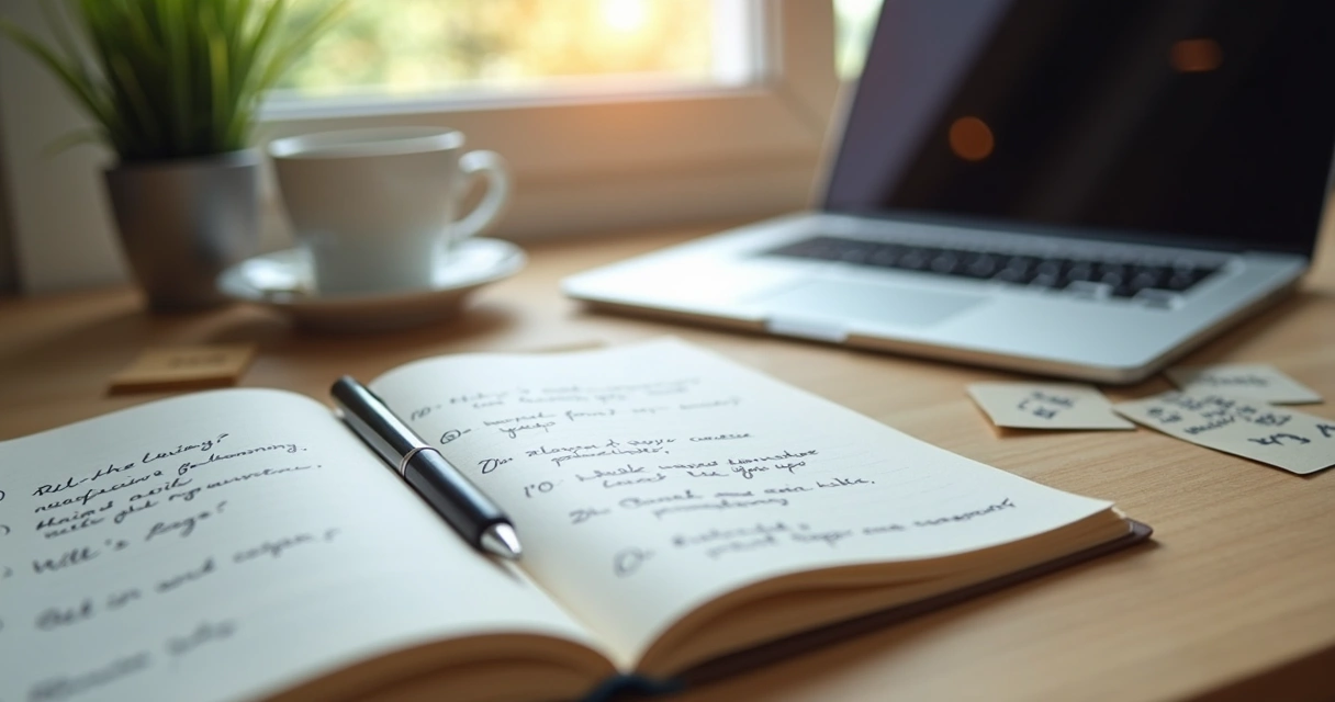 Caderno com notas sobre carreira e reflexão profissional