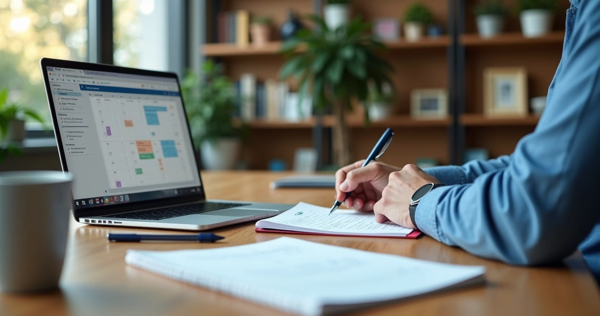 Profissional revisando metas e anotações no escritório 