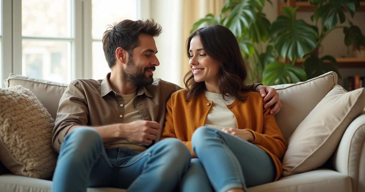 Casal sentado no sofá, olhando para baixo em silêncio