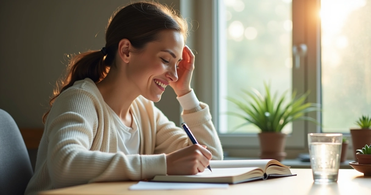 Pessoa refletindo com leve sorriso diante de um caderno 