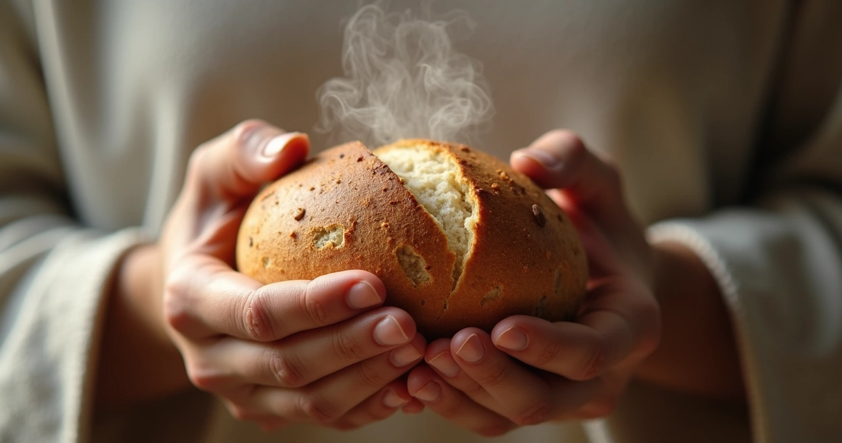 Mãos segurando pedaço de pão sobre fundo neutro com fumaça leve 