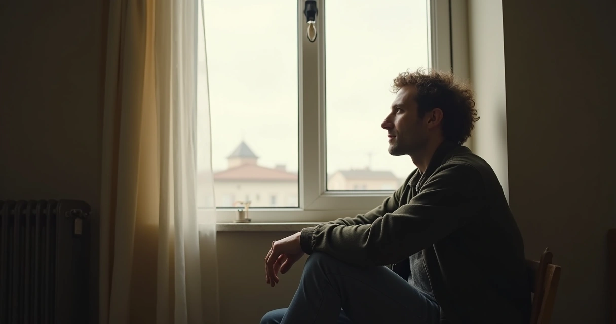 Pessoa sentada sozinha olhando para a janela em ambiente suave e iluminado 