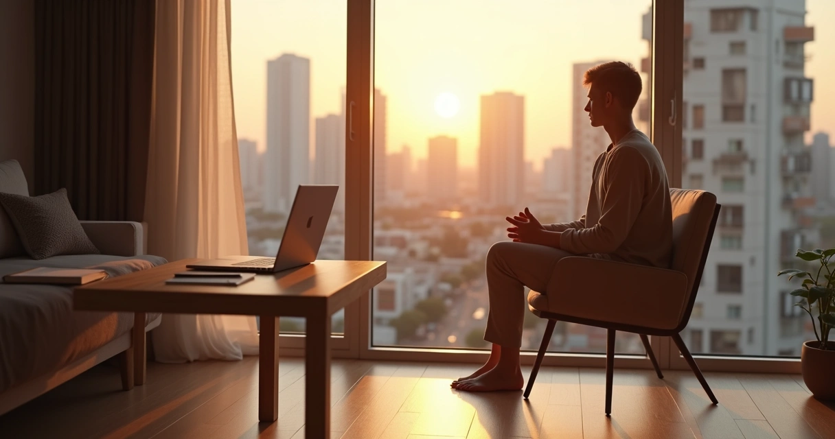 Pessoa sentada olhando pela janela refletindo sobre sucesso em meio à crise 