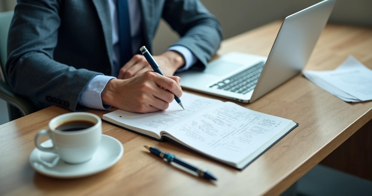 Pessoa analisando carreira em mesa com caderno e laptop 