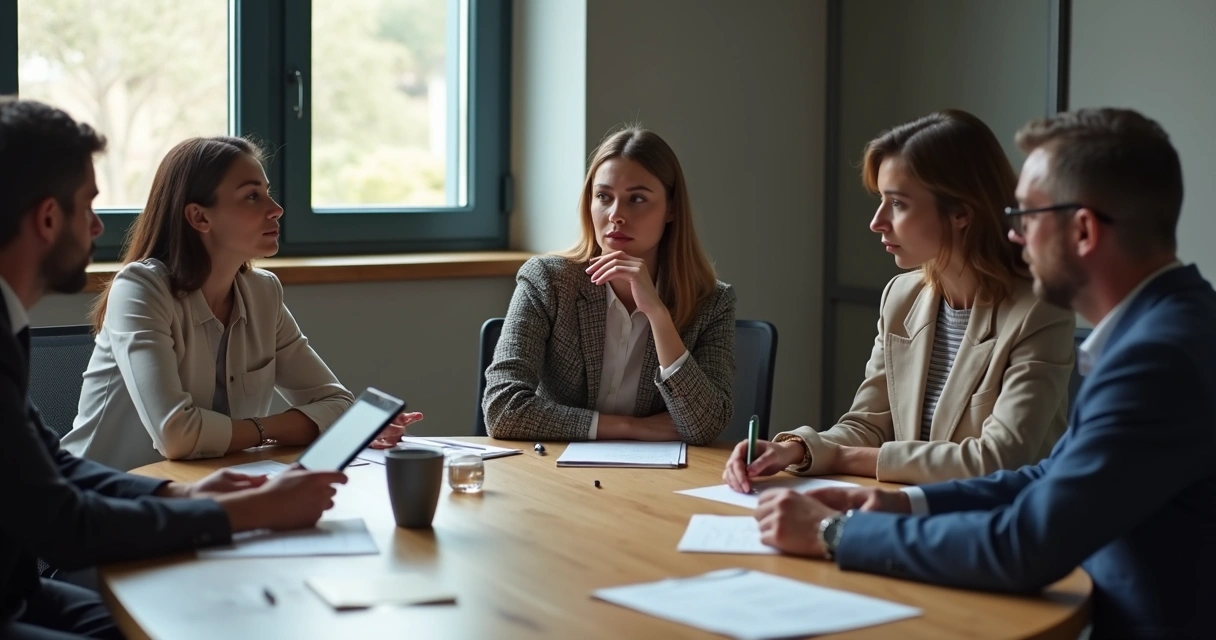 Grupo em sala de reunião refletindo sobre uma decisão importante 