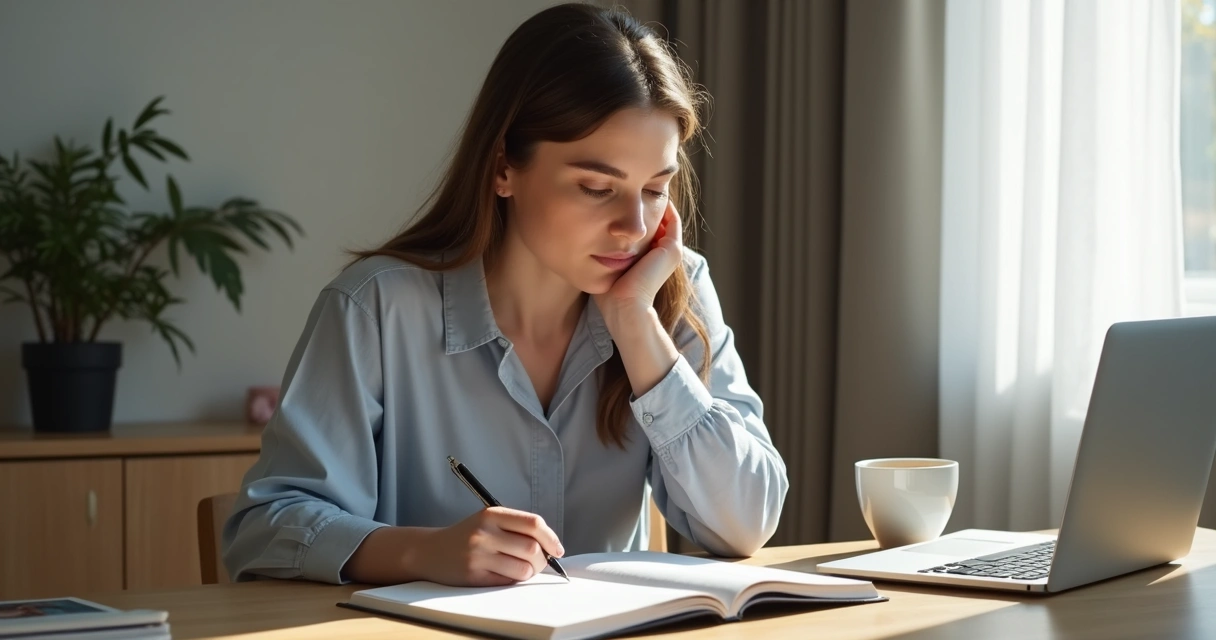 Pessoa sentada em uma mesa olhando para um caderno, refletindo 