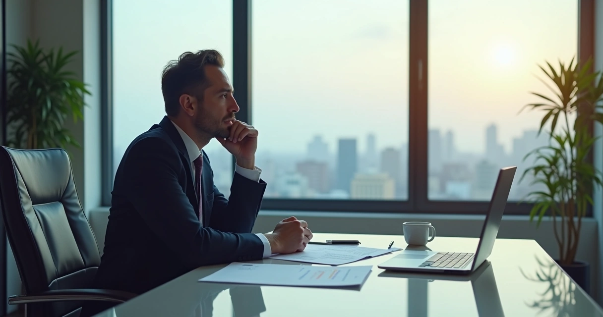 Profissional refletindo sozinho em escritório com janela ampla, pensativo 