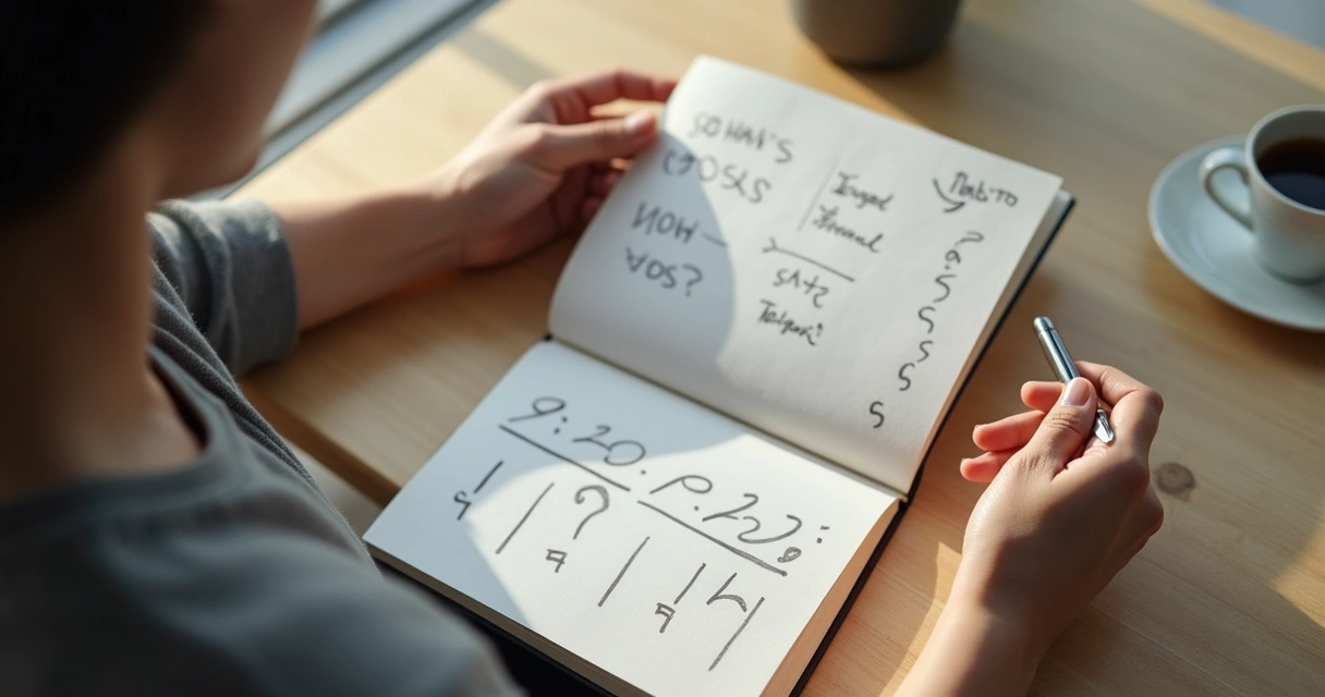 Pessoa escrevendo diante de caderno com anotações e pausa para reflexão ética 